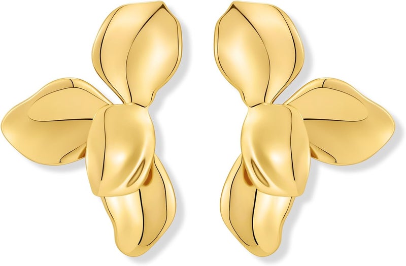 FAUTHENTICUTE Chunky Gold Statement Earrings For Women Gold Plated Sectored Flower Leaf Shell Angel Wing Earrings Large Stud Earrings Hypoallergenic Earrings - Image 1